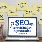 Laptop and Stickers about SEO